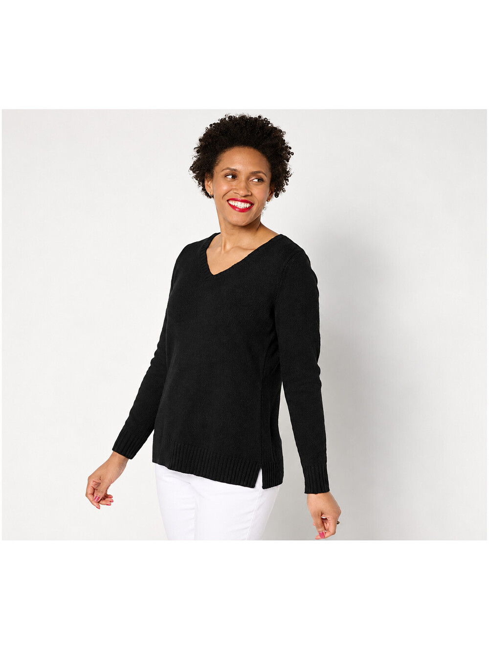 Belle Beach by Kim Gravel Gotta Getaway 100% Cotton V-Neck Sweater Black, Large